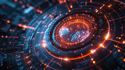 Obraz premium High tech server visualization, displaying particle data streams, circular computing interfaces, and virtual reality environments