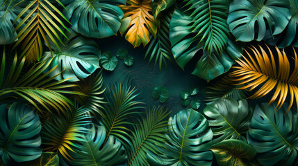 Tropical Flowers and Blue Monstera Leaves on a Dark Background