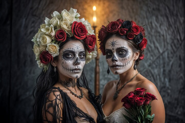 Obraz premium Catrina e la sua compagna- omaggio ai morti con rose rosse e volti dipinti di bianco