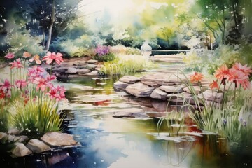 Vibrant watercolor painting of a serene garden scene, featuring blooming flowers and a small pond, abundant in natural light and shadow play