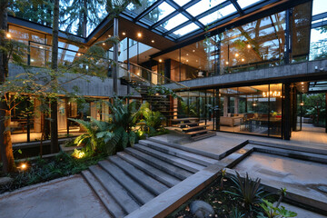An architectural masterpiece blending glass, steel, and concrete, harmonizing with the natural surroundings.
