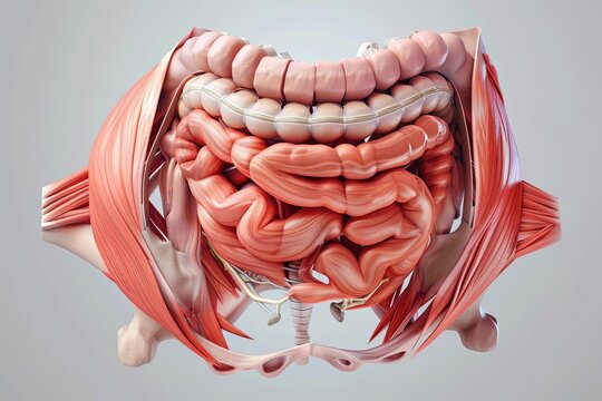 Scientific 3D illustration of abdominal muscles depicting hernias, with a clinical color mood