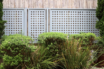 Green plants and flowers grow along a fence in a city park.