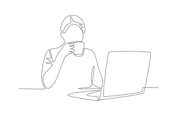 Woman working in the morning while drinking coffee. Coffee morning concept one-line drawing