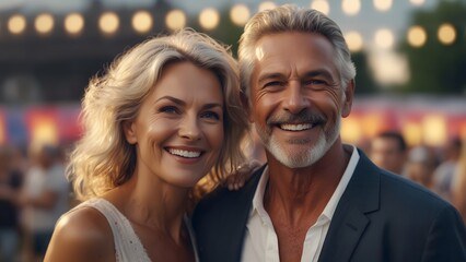 Obraz premium Beautiful professional mature model couple, looking straight to the camera, light concert background