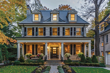 An elegant colonial-style residence with symmetrical windows and a welcoming front porch.