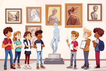 Obraz premium Cartoon cute doodles of an art class field trip to a museum, with students admiring famous paintings and sculptures while sketching their favorite art, Generative AI