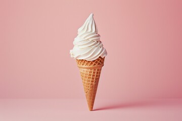 Creamy swirl of soft serve ice cream in a crispy cone against a pink background.
