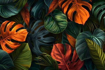 Captivating Tropical Foliage Backdrop with Vibrant Monstera and Palm Leaves