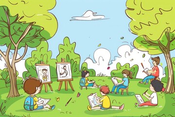 Cartoon cute doodles of an art class outdoor painting excursion, with students capturing the beauty of nature on canvas while sitting in a picturesque garden, Generative AI