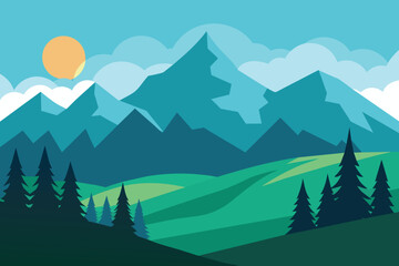 Mountain and hills with coniferous forest landscape vector design