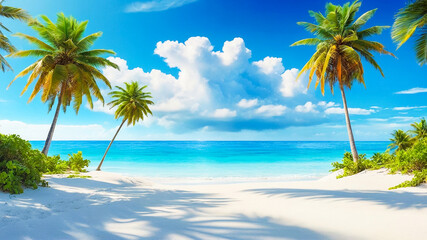 Beach and bright blue sky. And view of coconut trees.