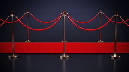 Red carpet and velvet ropes isolated on dark background. 3D illustration