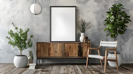 Mock up poster frame on cabinet in interior.3d rendering, Mockup frame on cabinet in living room interior, Scandinavian style,3d rendering  