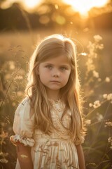 Watch as a young girl stands gracefully in the midst of an expansive open field, the golden rays of the setting sun casting, Generative AI