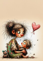 a whimsical cartoon of a mother with her child, love, connection, mother's day