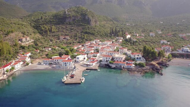4K aerial - a bird's eye view&nbsp;video (Ultra High Definition) of Paralia  village. Gorgeous outdoor scene of Peloponnese peninsula, Greece, Europe. Picturesque seascape of Myrtoan Sea.