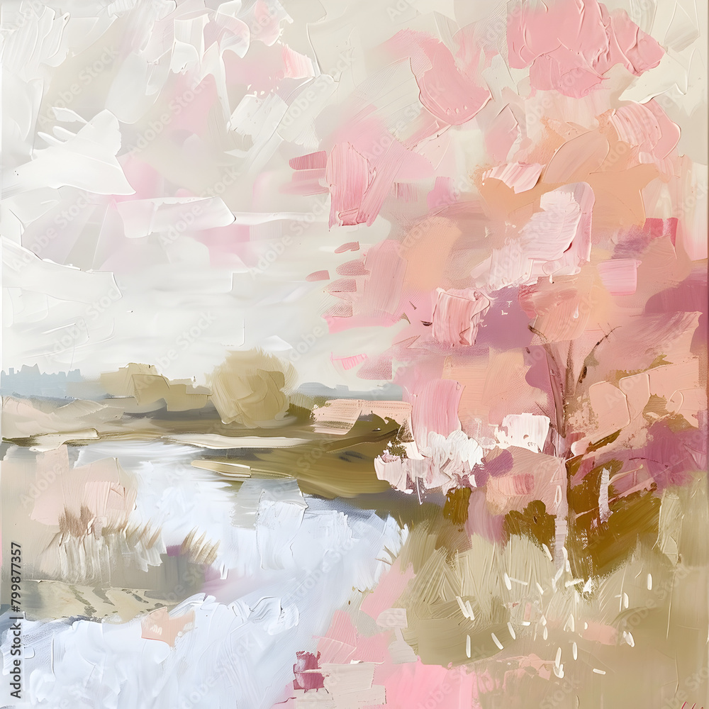 Poster nature oil painting with warm pink and cream colors Ai generative 