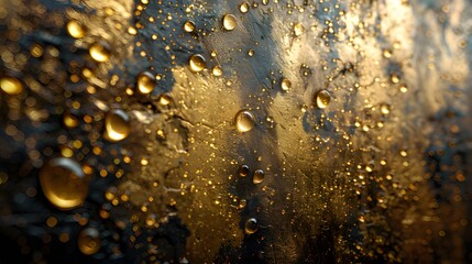 Close-up of golden water droplets beading on a textured surface, creating a luxurious and abstract pattern.
