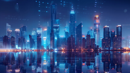 Fototapeta premium a futuristic city skyline illuminated by sleek, energy-efficient buildings powered by next-generation technologies such as smart grids, renewable energy sources, and advanced infrastructure for connec