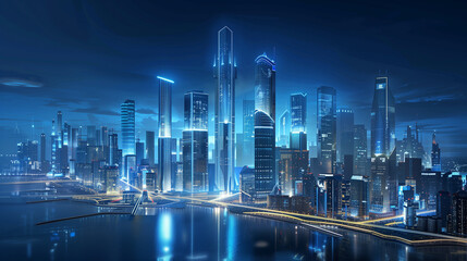 Obraz premium a futuristic city skyline illuminated by sleek, energy-efficient buildings powered by next-generation technologies such as smart grids, renewable energy sources, and advanced infrastructure for connec