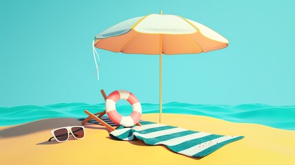 Beach Experience Icon  A 3D beach umbrella with a towel and sunglasses
