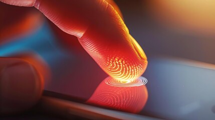 Biometric Unlock A closeup of a finger touching a smartphone s fingerprint sensor