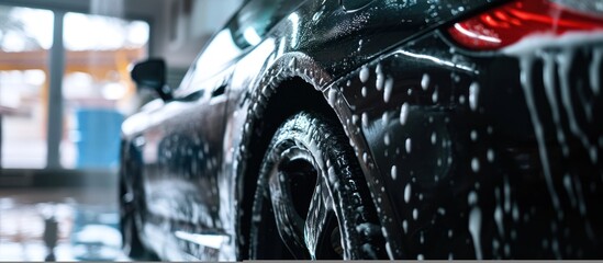 Black car wash in a modern creative studio with soft lighting.