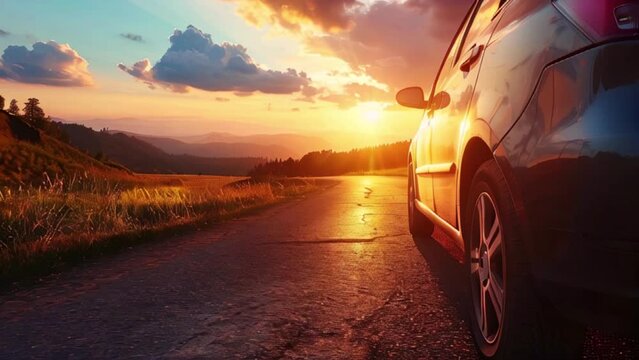 rental car in the mountain landscape road at sunset