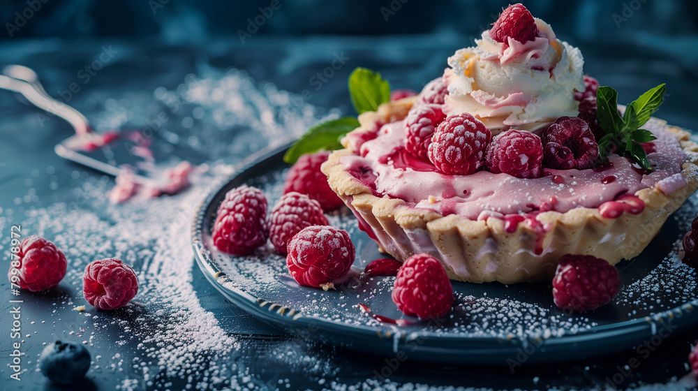 Poster pie with raspberries and ice cream