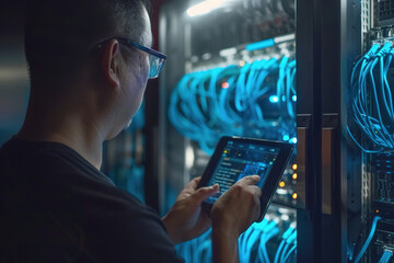 Engineer teamwork, server room and tablet for connection cable, maintenance or software update.