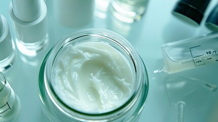 Opened jar of preservativefree skincare cream in a sterile laboratory setting