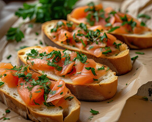 Bruschetta with salmon on kraft paper. Food and appetizers. Mediterranean cuisine. Fish and health. 