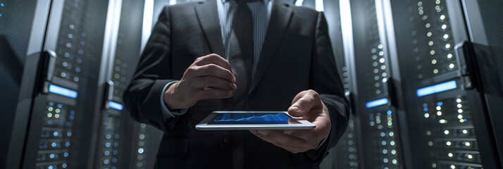 Engineer teamwork, server room and tablet for connection cable, maintenance or software update.