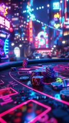 Neon city scene with casino chips and neon lights. Gambling concept background . Vertical background 