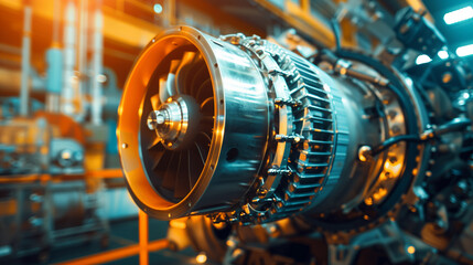 High Tech Turbine Engine with Fans, Wires, Connectors in development with blurred background 