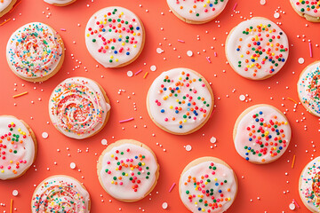 Sweet Circles: Assorted Sprinkled Donuts on a Vibrant Coral Base