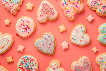 Pastel Hearts and Sprinkles: Decorated Cookies on Festive Background