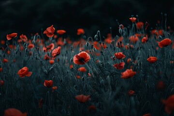 Obraz premium Field of vibrant poppies under dark moody lighting, creating a captivating atmosphere.
