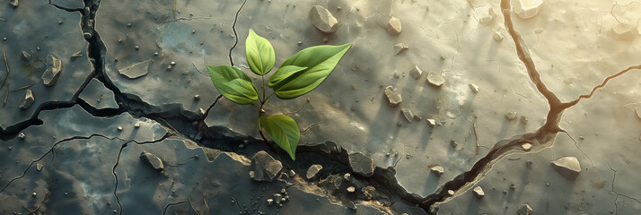 A single plant sprout breaks through the arid, cracked ground, symbolizing struggle, hope, and the power of life prevailing in harsh conditions
