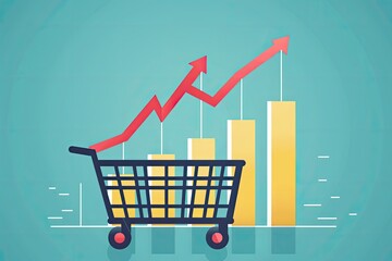 Illustration of a shopping cart with bars of increasing height and an arrow trending upwards, symbolizing economic growth.