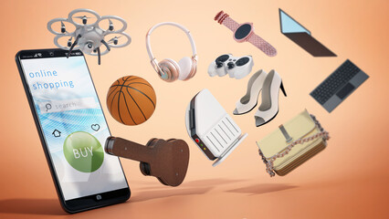 Smartphone with online shopping interface and objects floating in the air. 3D illustration