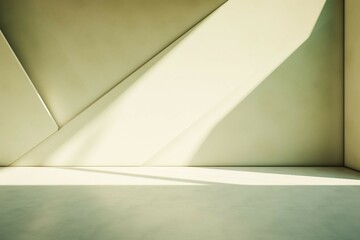 抽象背景バナー。陽光が差す淡いグラスグリーンの幾何学的な壁と平らな床がある空間