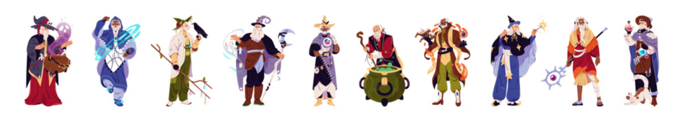Different wizards set. Old bearded magicians in cloak spells. Medieval sorcerers, witches, magic character in pointed hat brew potion in cauldron. Flat isolated vector illustration on white background