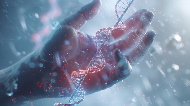 3D photograph of a human hand holding a double helix structure of a light DNA cell. Illustration - Powered by Adobe