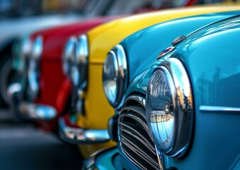 Classic Mini Cooper Cars in Vibrant Colors Lined Up on City Street - Powered by Adobe