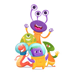 Funny monsters cartoon aliens and creatures standing in group. vector illustration