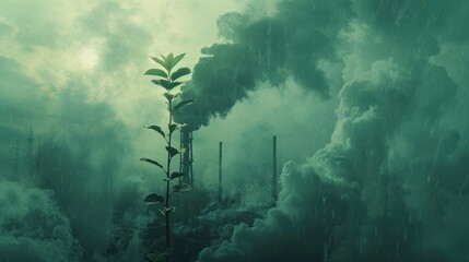 A resilient green plant thrives amid industrial chimney emissions. Reducing carbon through thought-provoking imagery.