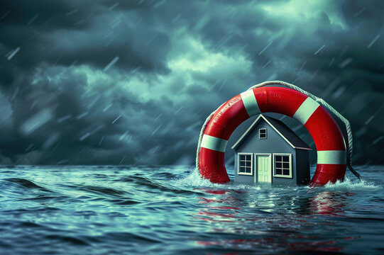 House, natural disaster and floods from storm or rain  weather with damage, lifebuoy.