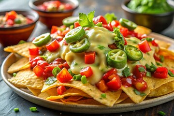 Close-Up of Melted Cheese on Nachos: An image featuring melted cheese cascading over a pile of crispy tortilla chips, adorned with savory toppings like salsa, guacamole, and jalapenos.
